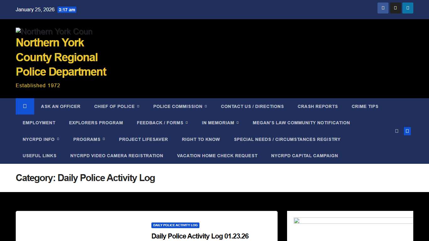 Daily Police Activity Log – Northern York County Regional Police Department